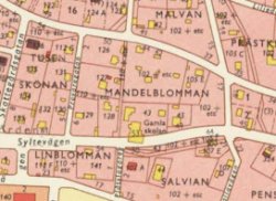 Kvarteret Mandelblomman, Skoftebyn, Trollhättan. Karta 1955